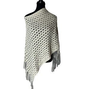 MAX EDITION Ivory Cream Grey Knit Poncho Shawl Cape Fringe Cutouts Asymmetrical